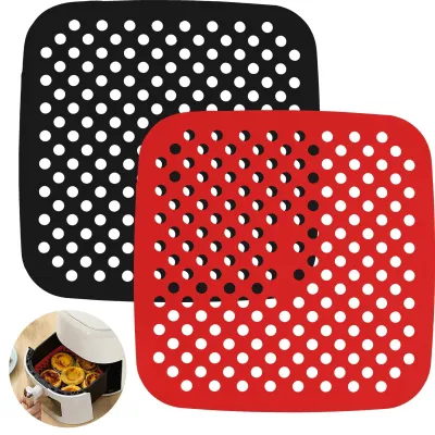 Produktbild von 2 quadratische Silikon-Grillmatten für Heißluftfritteusen, wiederverwendbare Silikonmatten, perforiertes Silikon-Backpapier für Heißluftfritteusen, antihaftbeschichtete Silikonmatten
