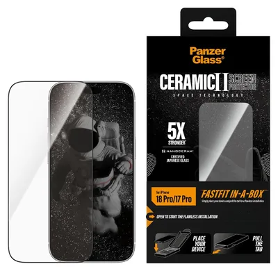 Immagine prodotto di Protezione schermo in vetro ceramico PanzerGlass® per iPhone 18 Pro | 17 Pro | Adatta a schermi ultra-ampi, con sistema di applicazione FASTFIT integrato, Apple - iPhone 18 Pro, Apple - iPhone 17 Pro, Applicazione a secco, Resistente ai graffi, Resistente agli urti, Trasparente, 1 pezzo