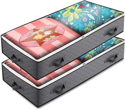 Produktbild von PolkaHome® 2er Set 90L Aufbewahrungsboxen unter dem Bett faltbar, Kleiderboxen mit transparentem Sichtfenster, für Bettdecken & Decken,