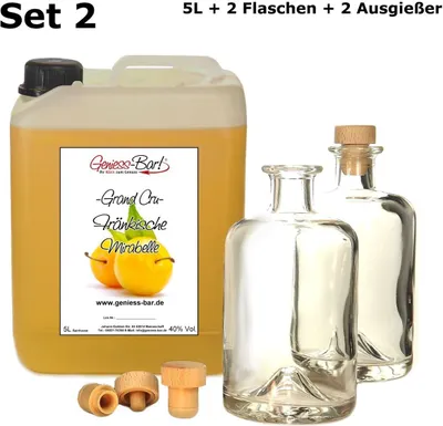 Produktbild von Grand Cru Fränkische Mirabelle 5L inkl. 2 Flaschen & 2 Ausgießer sehr fruchtig & weich 40% Vol. Mirabellenschnaps Obstler Spirituose