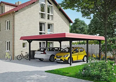 Produktbild von Doppelcarport SKAN HOLZ Wendland rote Blende inkl. Pfostenanker 630 x 637 cm anthrazit