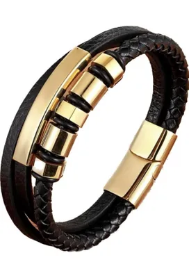 Produktbild von Armband Herren Leder Edelstahl Magnetverschluss Schwarz Gold