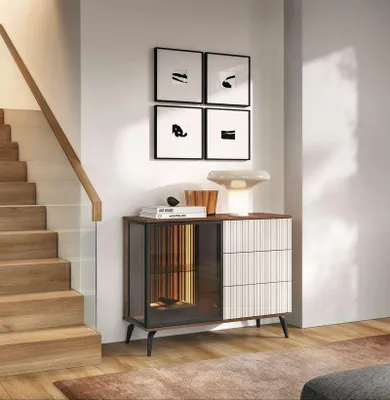 Produktbild von Kommode – Niedrige Kommode – Kommode Glas Holz – Sideboard – VICI – KSZ103 – Kaschmir / Walnuss – Moderne Eleganz mit LED-Beleuchtung
