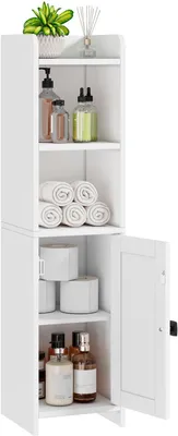 Produktbild von PolkaHome® Schmaler Badschrank mit Tür und 3 offenen Fächern, 20x20x78,5 cm, Weiß, Badezimmer-Aufbewahrungsschrank, Standregal für