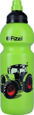 A green water bottle with a tractor graphic and the brand name "Fizzii".