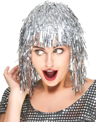 A woman wearing a silver tinsel wig and a sequined top.
