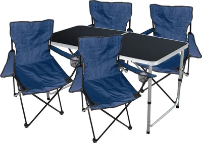 Image de ensemble de 5 meubles de camping : table + 4 chaises de camping bleues + sac