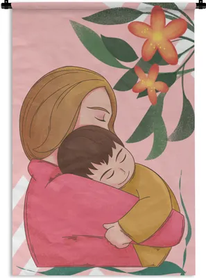 Produktbild von MuchoWow® Wandteppich Wandbehang Muttertag Illustration umarmen 90x135 cm Tapisserie Dekoration Wandtuch - Baumwolle - Wandskulptur