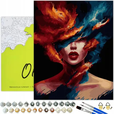 Obrázok produktu pre Maľovanie podľa čísel Dospelí Žena Oheň a ľad 50x40 - 29 akrylových farieb, plátno s dreveným rámom, 3 štetce a príslušenstvo Oh Art!