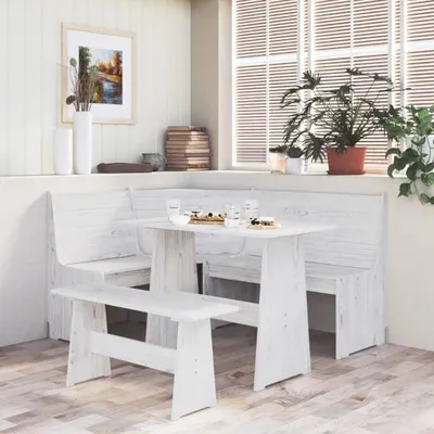 Imagen del producto de Conjunto de comedor de madera con mesa y banco, color blanco