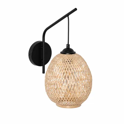 Productafbeelding van Wandlamp met E27 fitting en bamboe kap, zwarte metalen lamp in een bohemien, natuurlijke stijl, geschikt voor binnen