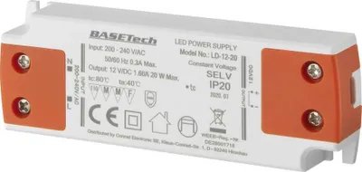 Produktbild von Basetech LD-12-20 LED-Trafo Konstantspannung 20 W 1.66 A Möbelzulassung, Überspannung, Montage auf entflammbaren Oberfl