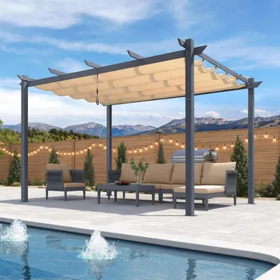 Produktbild von PURPLE LEAF Pergola 3x4 m stabil, Alu Garten Pavillon mit Schiebedach, Terrassenüberdachung Dunkelgrau Rahmen mit Sonnenschutz Überdachung, Beige
