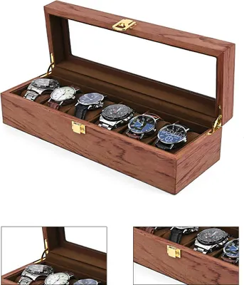 Produktbild von Uhrenbox aus Massivholz, 6 Uhren Fächer, Schmuckbox,Schmuckkoffer Glasdeckel, Rotholz Optik