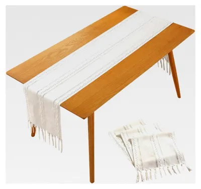Produktbild von Boho Creme Tischläufer im Landhausstil mit Quasten, Rechteckige Häkelspitze für Vintage Bauernhaus Dekor, 33x183 cm