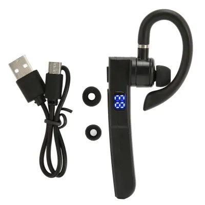 A black Bluetooth earphone set with accessories on a white background.