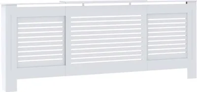 A white radiator cover with horizontal slats.