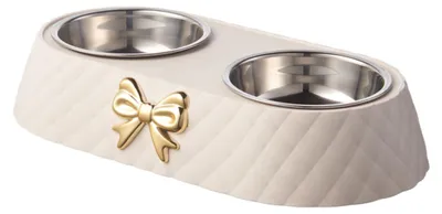 Produktbild von Doppelte, rutschfeste Futter- und Wassernäpfe aus Edelstahl mit dekorativem Schleifenständer, für Hunde und Katzen, beige