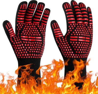 Produktbild von BBQ-Handschuhe, hitzebeständige Ofenhandschuhe bis 800°C, hitzebeständige und rutschfeste Kochhandschuhe, Hitze-Kochhandschuh für BBQ/Ofen/Grill/Kamin/Schweißen/Kochen