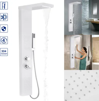 Produktbild von XINZI Duschpaneel Matt-Weiß - Edelstahl Duschsystem, Wandmontage mit Regendusche, Massagedusche, Wasserfalldusche & Handbrause, Luxus-Set für Bad