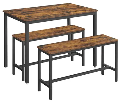 Obrázek produktu pro Jídelní set – jídelní stůl se 2 lavicemi – 3dílná sada – stůl 110 x 70 x 75 cm – lavice 97 x 30 x 50 cm – vyžaduje montáž – hnědá/černá