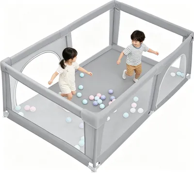 Produktbild von Laufstall Baby Laufgitter 180x120cm Rutschfester Absperrgitter mit Atmungsaktive Netz Schutzgitter Kind Playpen Set mit Bällen hellgrau
