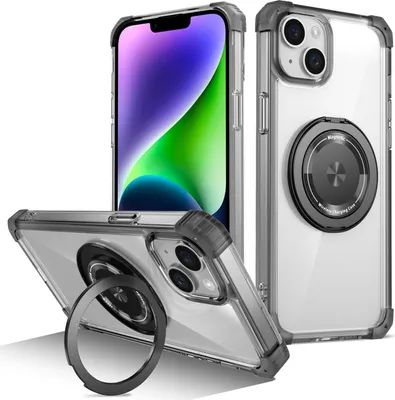 Image de Etui pour iPhone 13 / iPhone 14 anneau magnétique, support, compatible MagSafe, protection militaire, étui transparent noir