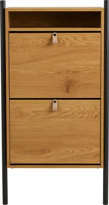 A front view of a wooden shoe cabinet with black metal legs.