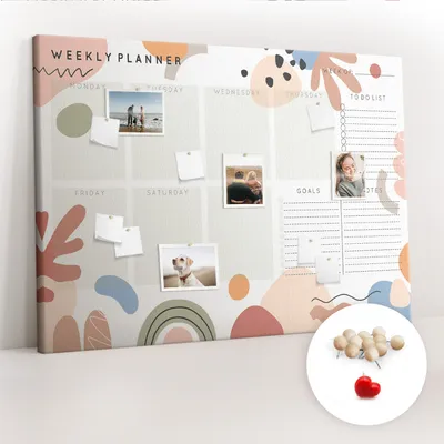 Imagen del producto de Tablero de corcho con chinchetas – Tablero con chinchetas para fotografías y notas – 140x100 cm – 100 chinchetas de madera – Planificador semanal