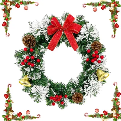 Immagine prodotto di Ghirlanda di Natale Coni di pino naturali e bacche artificiali Ghirlanda di Natale con fiocco e campanelle Decorazione natalizia per porte e finestre