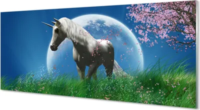 Produktbild von Glasbilder 125x50 Wandkunst Feld Einhorn Mond