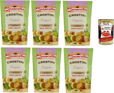 Produktbild von Panealba Crostini Origano Croutons mit Oregano Gesalzener Snack Nicht Gebraten Nicht Frittiertes 6x 100g + Italian Gourmet polpa 400g