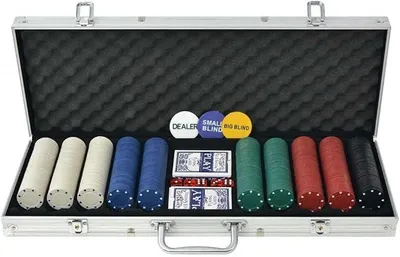 Imagen del producto de Juego de póker con 500 fichas, maletín de aluminio, mazos de cartas y dados
