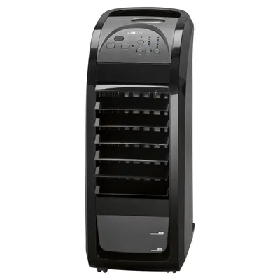 A black air cooler is shown against a white background.