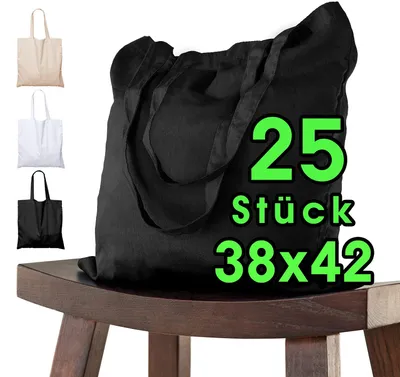 Produktbild von 25 Stück Baumwolltasche 38 x 42 cm SCHWARZ unbedruckt lange Henkel