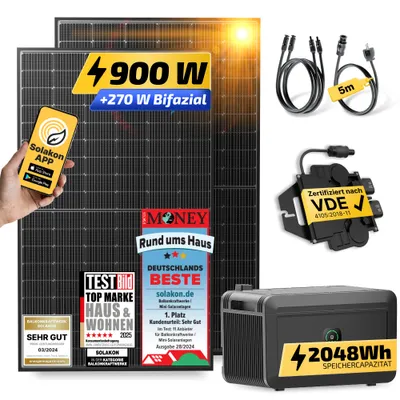 Produktbild von Balkonkraftwerk mit Speicher, 900W/800W Solaranlage Steckerfertig WIFI Komplettset Photovoltaik Anlage 800W, Kabellänge: 5m, Solakon