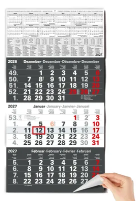 Produktbild von 3 Monatskalender 2027 Wandkalender Anthrazit Datumsschieber Schulferien Feiertage 30x56 cm