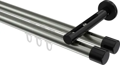 Produktbild von Interdeco Innenlaufstange / Gardinenstange mit Innenlauf Edelstahl-Optik / Schwarz, Typ Siteno Santo (Kappe), 20 mm Ø 2-läufig, 120 cm