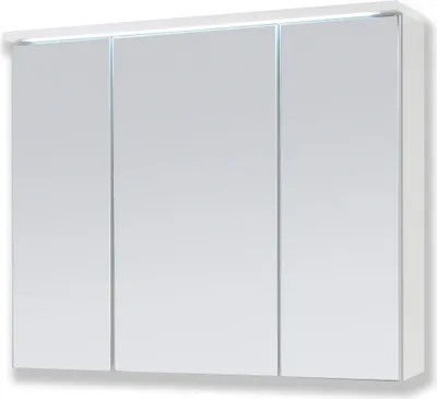 A white bathroom cabinet with three mirrored doors and integrated LED lighting.