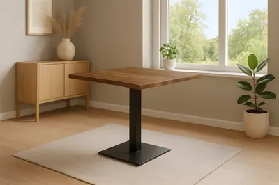 Produktbild von Bistrotisch Baumkante massiv Akazie honig 80 x 80 cm Stempelfuß schwarz IRIS