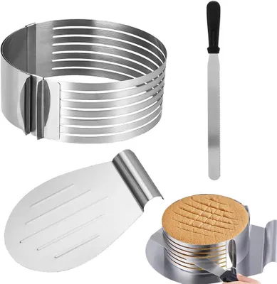 Produktbild von Tortenring Set Edelstahl,3 teilig Kuchen Zubehör, Verstellbar, Tortenboden Schneidehilfe,Backzubehör mit Schneidedraht und Tortenretter