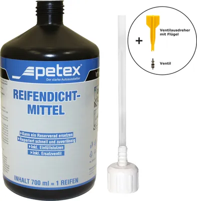 Produktbild von Reifendichtmittel 700ml & Einfülldeckel, Ventilausdreher, Ersatzventil von PETEX