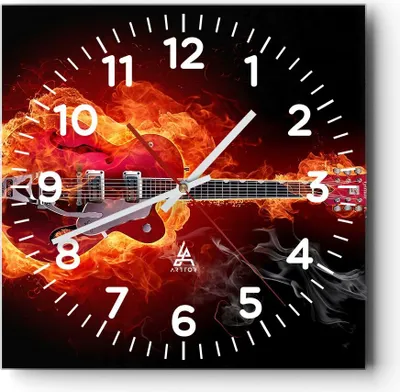 Produktbild von Wanduhr - Quadrat - Glasuhr - Instrument Flammen Saiten - 30x30cm - Schleichendes Uhrwerk - Lautlos - zum Aufhängen bereit - Dekoration Modern - Wanddekoration aus Glas - C4AC30x30-0201
