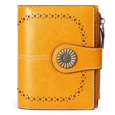 Produktbild von OKWISH Geldbörse Damen Geldbeutel mit RFID Blockierung, Klein und im Kurzformat Portemonnaie Damen Kunstleder Portemonnaie Kleine Brieftasc Gelb
