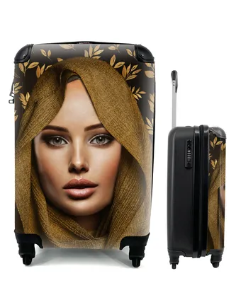 Produktbild von MuchoWow® Koffer Handgepäck Trolley Rollkoffer Kleine Reisekoffer mit 4 Rollen - Frau - Laub - Kopftuch - Cabin Size < 55x40x23 cm & 55x40x20 cm - Fotokoffer - Kabinenkoffer - Boardgepäck - Reise-Box - Reisekoffer - Reisegepäck - Koffer mit Bild - Trolley für Kinder
