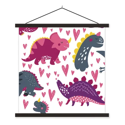 Produktbild von MuchoWow® Textilposter Dino - Herz - Muster - Rosa - Mädchen - Dinosaurier 120x120 cm mit schwarzem Rahmen - Aufhängungsset