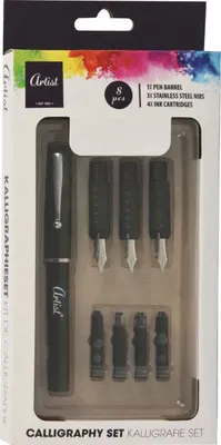 A product package for a calligraphy set, showing the contents inside.