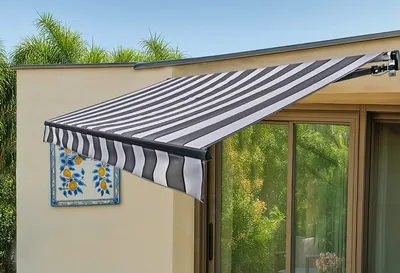 Produktbild von Elektrische Gelenkarmmarkise 295x200 cm, mit LED Beleuchtung, motorisiert, hellgrau-weiß gestreift