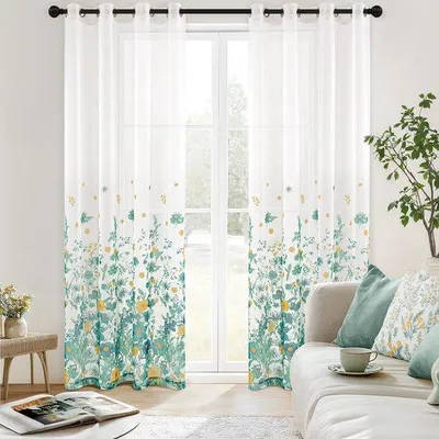Productafbeelding van Ibenzoa® Transparante voile gordijnen met bloemenprint, set van 2, met ingeperse oogjes, polyester, 140x260 cm