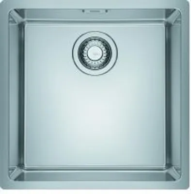A top-down view of a stainless steel kitchen sink with a drain.